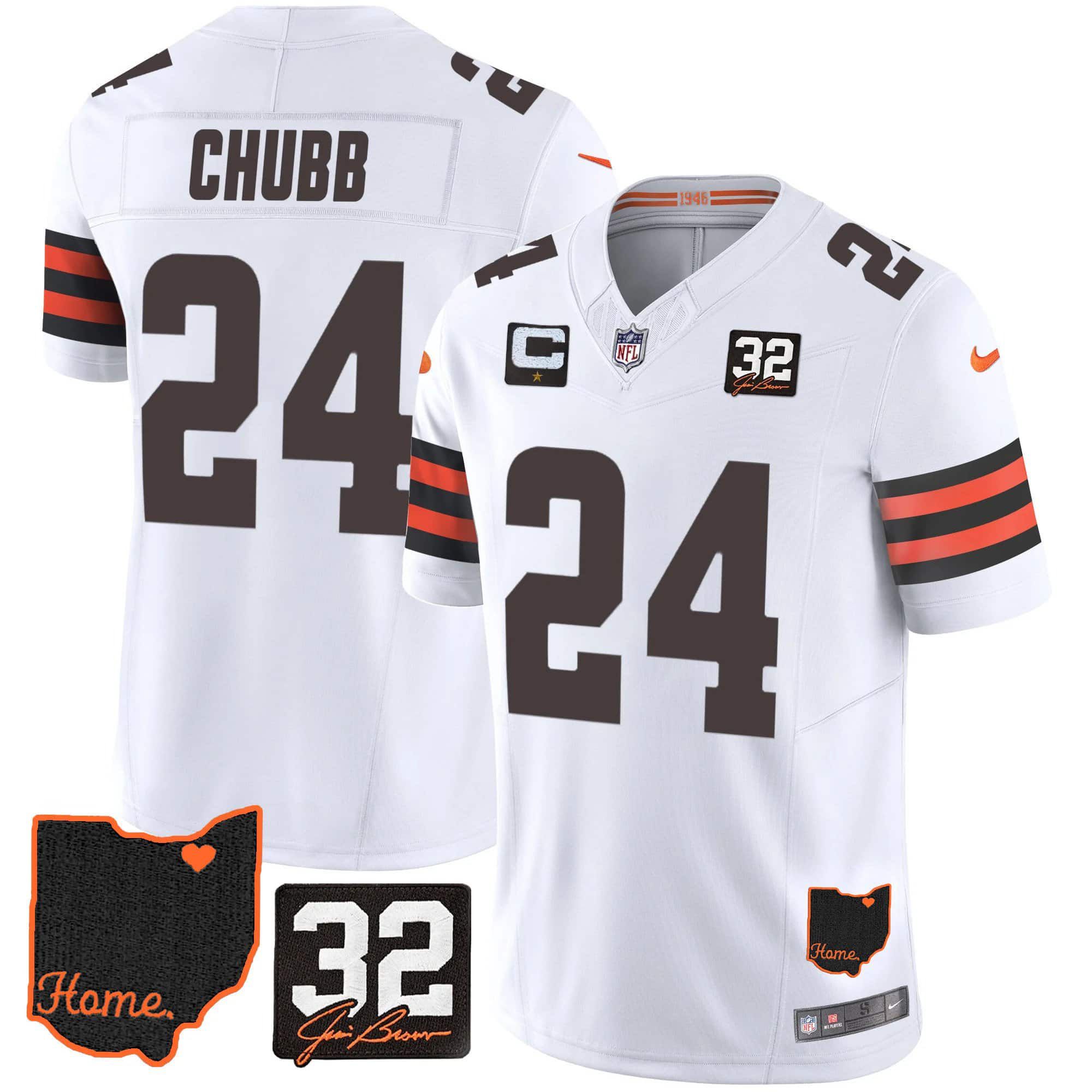 Men Cleveland Browns 24 Chubb White Memorial Home Patch 2024 Nike NFL Jersey